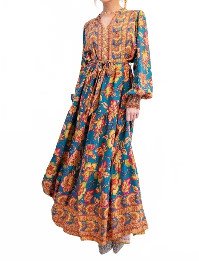 Easel Long Sleeve Floral Rayon Challis Maxi Dress In Turquoise In Multi