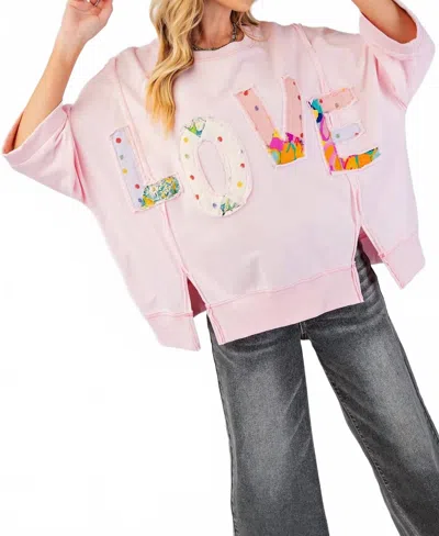 Easel Love Patch Pullover Top In Cotton Pink