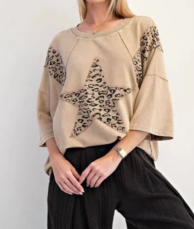 Easel Making Moves Cotton 3/4 Sleeve Leopard Print Top In Sand In Neutral