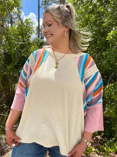Easel Mineral Wash Quarter Sleeves Multi Stripe Top In Ivory In Neutral