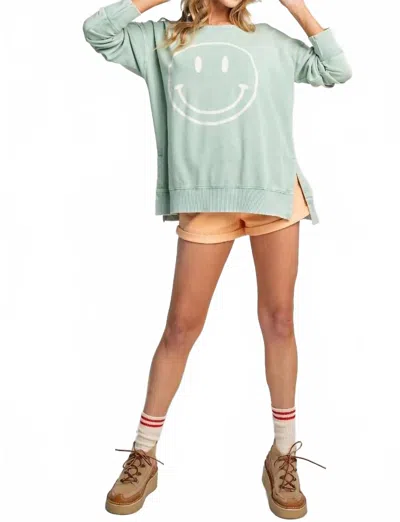 Easel Mineral Wash Smiley Happy Face Pullover In Seafoam In Green