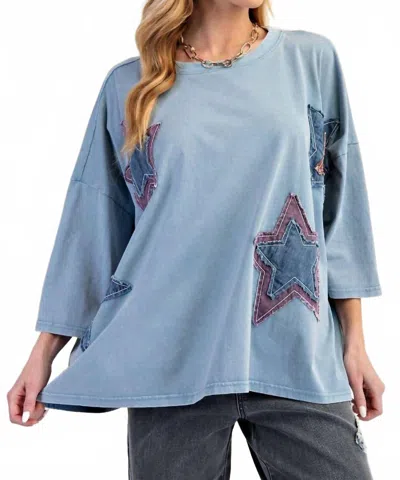 Easel Mineral Wash Star Patch Boxy Top In Denim Blue In Multi