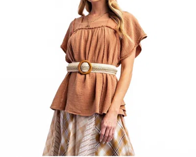 Easel Mineral Washed Babydoll Knit Top In Beige In Brown