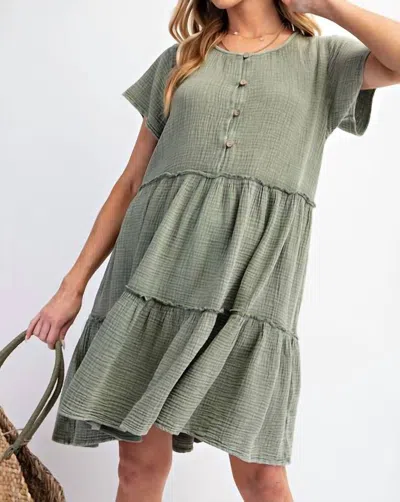 Easel Mineral Washed Gauze Tiered Short Dress In Faded Olive In Green