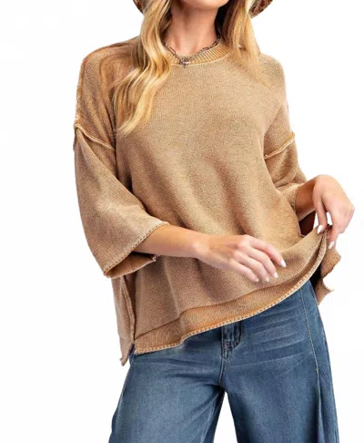 Easel Mineral Washed Knit Sweater Top In Khaki In Brown