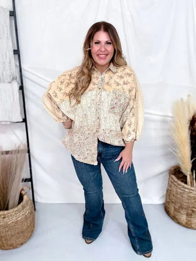 Easel Mineral Washed Patchwork Floral Print Button Down Top In Straw In Neutral