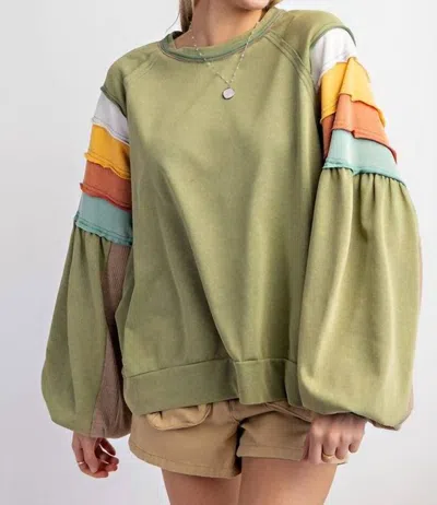 Easel Mineral Washed Pullover In Sage In Multi