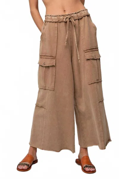 Easel Mineral Washed Terry Cargo Wide Leg Pants - Plus In Latte In Multi
