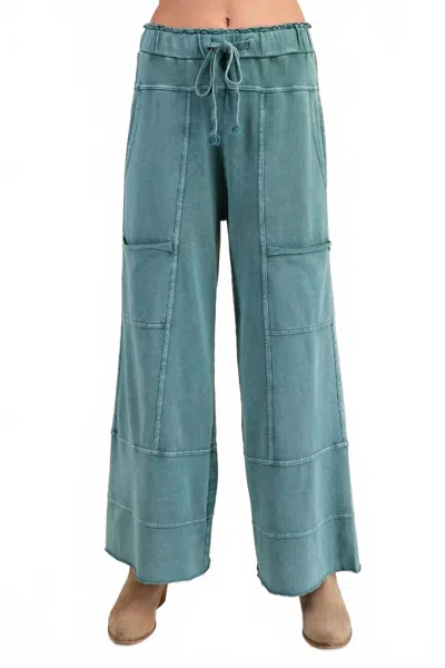 Easel Mineral Washed Terry Knit Pants In Teal In Blue