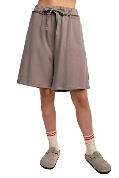 Easel Mineral Washed Terry Knit Shorts In Ash-mocha In Gray