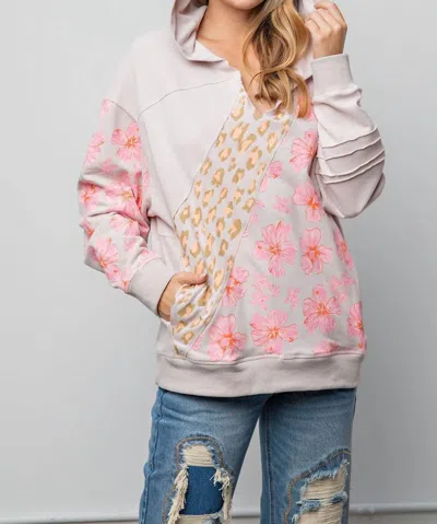 Easel Mix Print Terry Pullover Hoodie In Eggshell In Gray