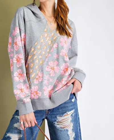 Easel Mix Print Terry Pullover Hoodie In Heather Grey In Gray