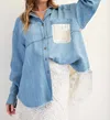 Easel Mixed Patchwork Washed Chambray Button Down Shirt In Denim In Blue