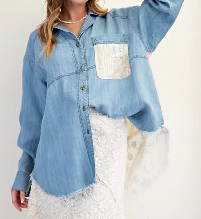 Easel Mixed Patchwork Washed Chambray Button Down Shirt In Denim In Blue
