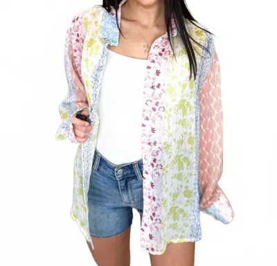 Easel Mixed Signals Sheer Long Sleeve Button Up Top In Multi