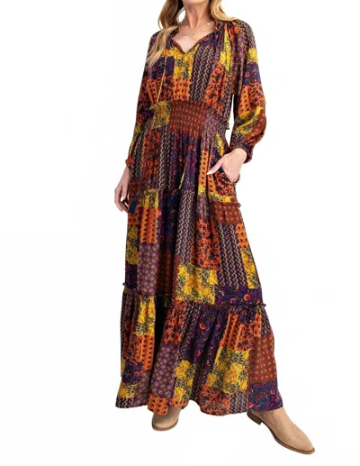 Easel Multi-color Patch Print Ruffle Maxi Dress In Golden Olive