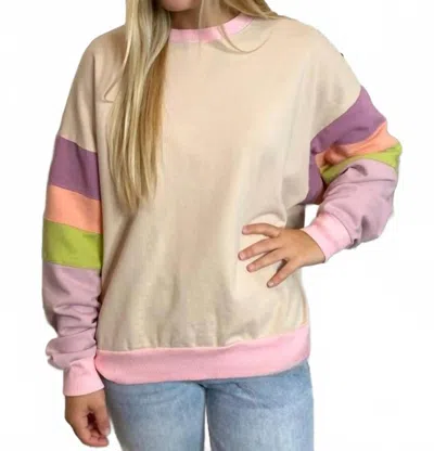 Easel Multi Striped Arms Sweatshirt In Tan