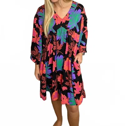 Easel Neon Floral V-neck Dress In Black Multi