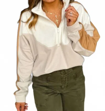 Easel Neutral Color Block Terry Knit Pullover In Beige In White