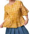 Easel Overdye Washed Plaid Ruffle Bottom Top In Mustard In White