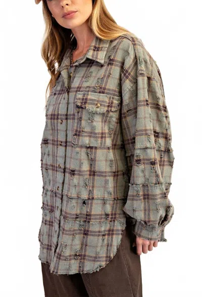 Easel Oversized Distressed Flannel Shirt In Dusty Sage In Multi