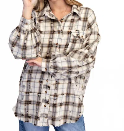 Easel Oversized Distressed Flannel Shirt In Ecru In White