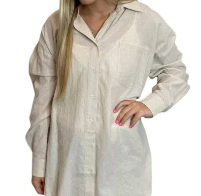 Easel Oversized Mini Stripe Button Down Shirt In Khaki In Green
