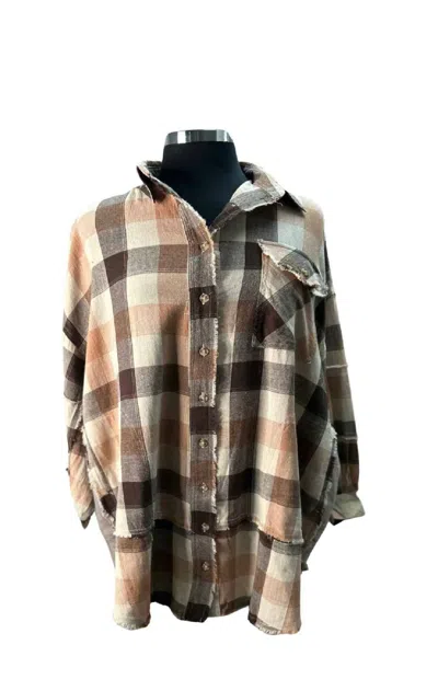 Easel Oversized Plaid Flannel Shirt In Coral Brown In Grey