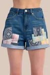 Easel Patchwork Detailed Denim Shorts In Medium Wash In Blue