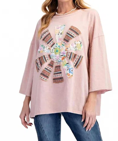 Easel Patchwork Mineral Washed Cotton Slub Knit Top In Dusty Rose In Metallic