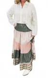 Easel Patchwork Tiered Ruffle Maxi Skirt In Olive In Multi