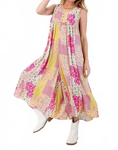 Easel Patchwork Wide Leg Jumpsuit In Pink Multii