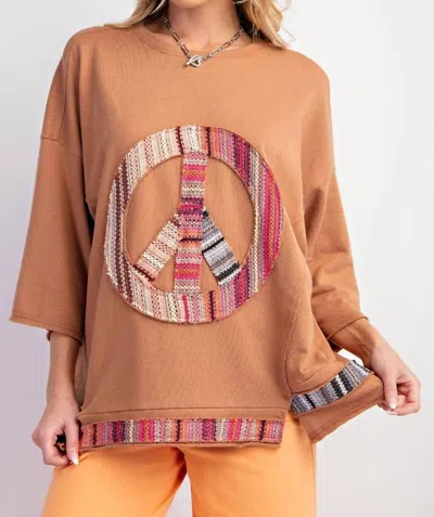Easel Peace Patch Knit Top In Camel Brown