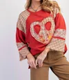 Easel Peace Sign Heart Patch Knit Top In Red