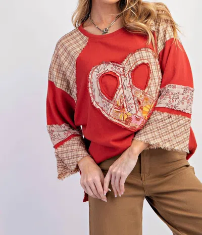 Easel Peace Sign Heart Patch Knit Top In Red