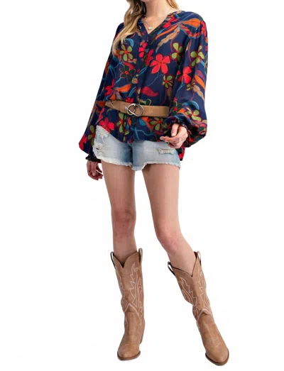 Easel Peach Blossom Floral Gauze Top In Navy In Multi