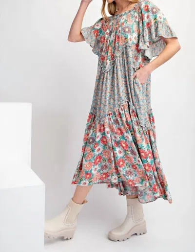 Easel Peasant Floral Maxi Dress In Sage In Gray
