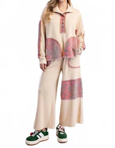 Easel Piper Floral Patchwork Terry Knit Set In Oatmeal In Multi
