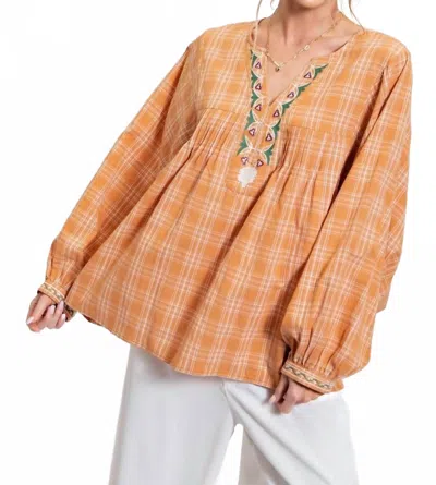 Easel Plaid Cotton Voile Embroidery Top In Camel In Orange