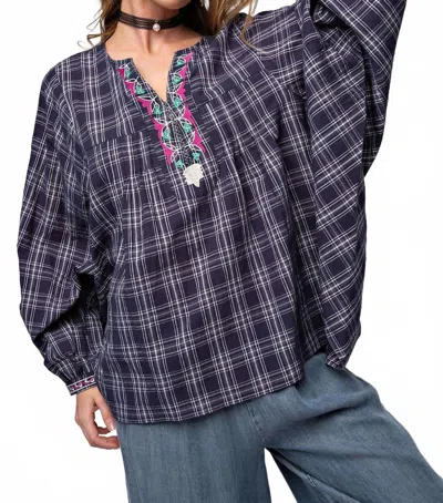 Easel Plaid Cotton Voile Embroidery Top In Navy In Blue