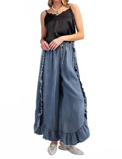 Easel Plus Size Ruffle Chambray Pants In Washed Denim In Blue