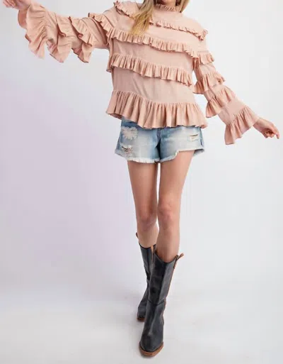 Easel Poly Crepe Tiered Doeskin Top In Dusty Pink