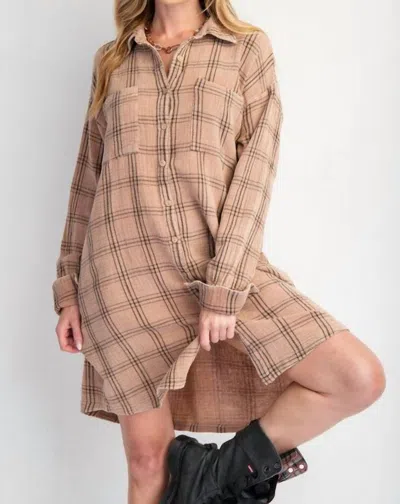 Easel Pretty Please Plaid Shirt Dress In Mocha