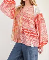 Easel Print Mix Loose Blouse In Orange In Red
