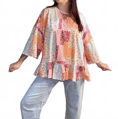 Easel Print Oversized Peplum Top In Poppy Patchwork In Multi