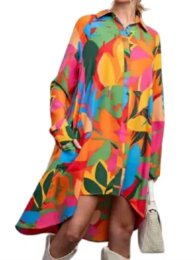 Easel Print Shirt Dress In Green/orange Mix