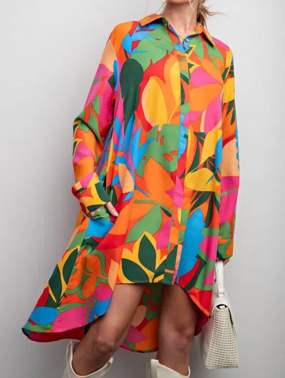 Easel Print Shirt Dress In Orange Green In Multi