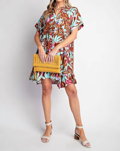 Easel Printed Challis Woven Dress In Brown In Multi