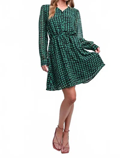 Easel Printed Chiffon Long Sleeve Dress In Green In Animal Print