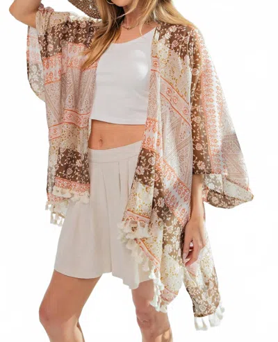 Easel Printed Chiffon Tassel Kimono In Mocha Coral In White